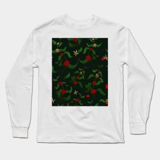 Coffee Plant Beans and Flowers Seamless Pattern Long Sleeve T-Shirt